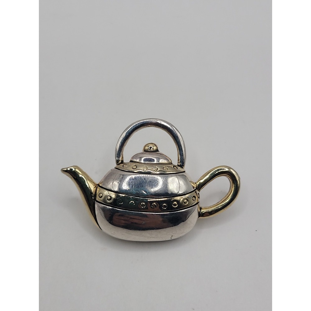 MJ Teapot Brooch Pin Silver Gold Tone Two Tone Figural Tea Jewelry